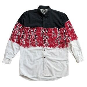Rodeo Active Men Western Lightning Bolt Colorblock Button Down Shirt Black Red L